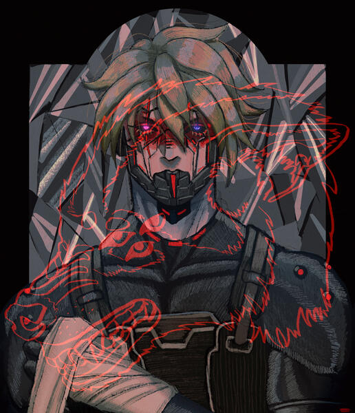 a portrait of Tera Magnus, the cyborg, framed over the backdrop of a broken mirror. She is clothed in tactical gear and is wrapping one hand in bandages.