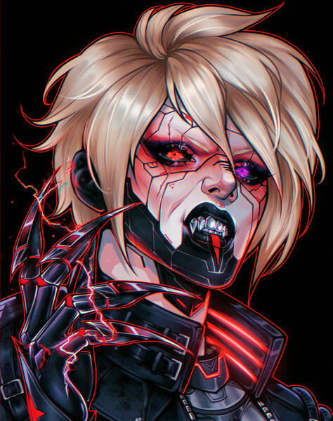 a portrait of Tera magnus snarling in disgust at the viewer. Her metal claws are raised and red lightning arcs between them.