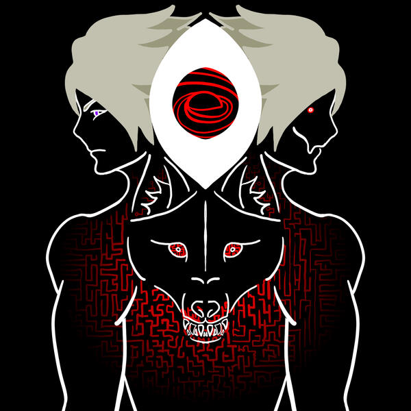 Two versions of Tera Magnus face in opposite directions, and a third face, a wolf, faces the viewer. All three are tangled together by an eldritch eye with a vortex for a pupil, and a labyrinth of red circuitry